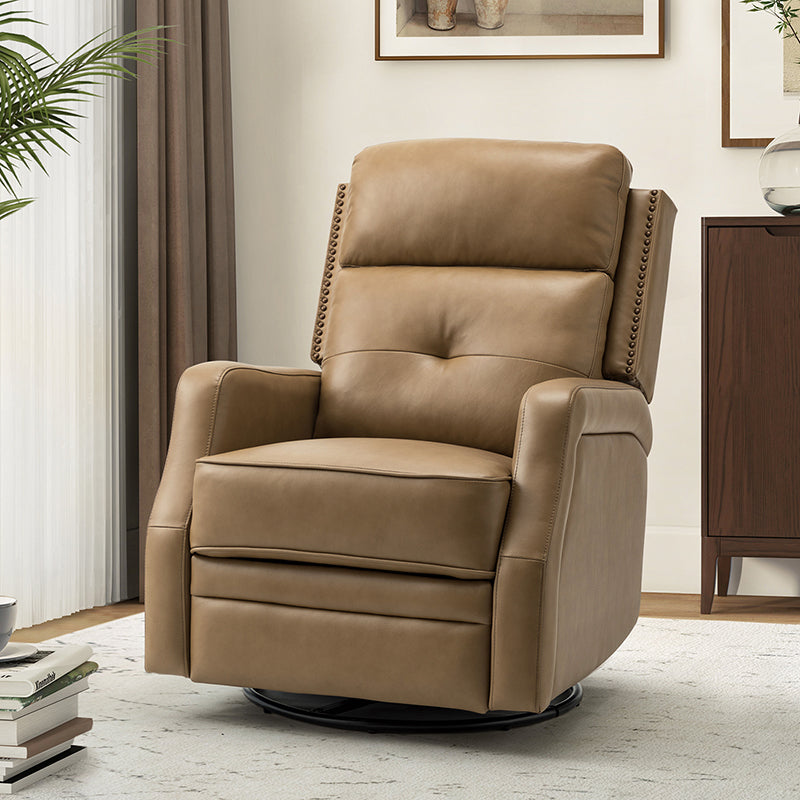 Fauteuil inclinable, pivotant et berçant en cuir véritable avec clous décoratifs et inclinaison manuelle | Gris-taupe / Brun / Bourgogne / Tourterelle / Noir / Camel / Bleu marine / Sauge / Turquoise / Beige | Une place