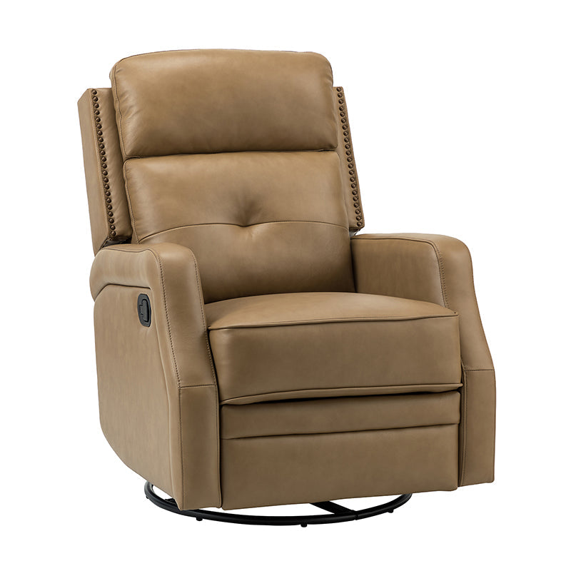 Fauteuil inclinable, pivotant et berçant en cuir véritable avec clous décoratifs et inclinaison manuelle | Gris-taupe / Brun / Bourgogne / Tourterelle / Noir / Camel / Bleu marine / Sauge / Turquoise / Beige | Une place