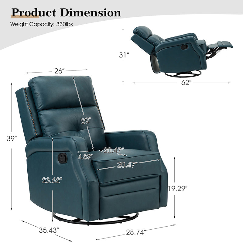 Fauteuil inclinable, pivotant et berçant en cuir véritable avec clous décoratifs et inclinaison manuelle | Gris-taupe / Brun / Bourgogne / Tourterelle / Noir / Camel / Bleu marine / Sauge / Turquoise / Beige | Une place