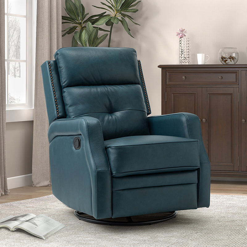 Fauteuil inclinable, pivotant et berçant en cuir véritable avec clous décoratifs et inclinaison manuelle | Gris-taupe / Brun / Bourgogne / Tourterelle / Noir / Camel / Bleu marine / Sauge / Turquoise / Beige | Une place
