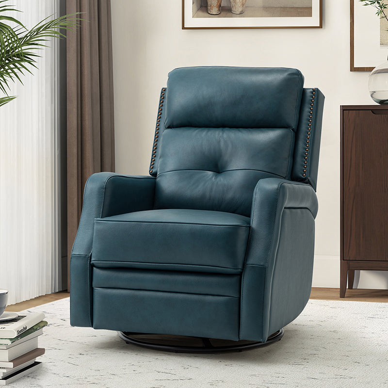Fauteuil inclinable, pivotant et berçant en cuir véritable avec clous décoratifs et inclinaison manuelle | Gris-taupe / Brun / Bourgogne / Tourterelle / Noir / Camel / Bleu marine / Sauge / Turquoise / Beige | Une place