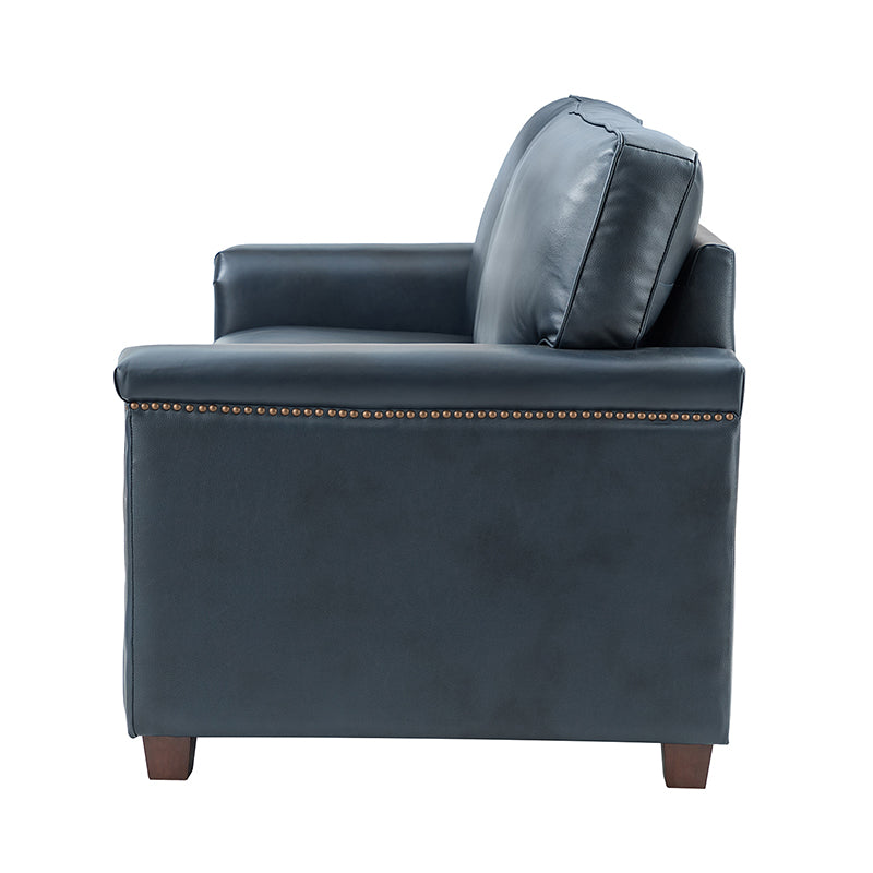 Canapé 3 places en cuir supérieur de 77 po avec accoudoirs carrés, remplissage en mousse et pieds en bois d'hévéa couleur noyer | Marron / Noir / Bleu marine / Camel / Turquoise | 3 places