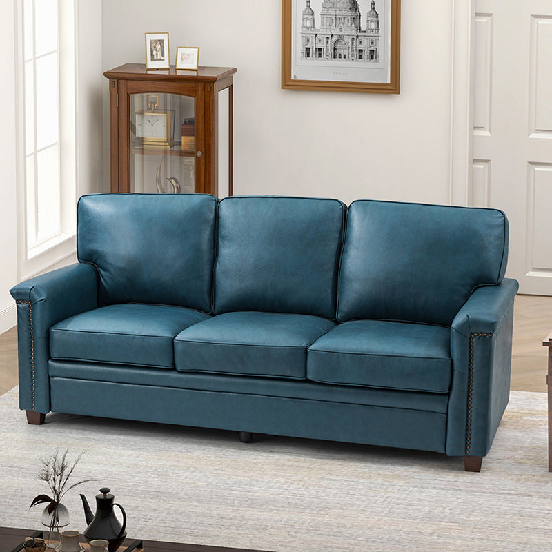 Canapé 3 places en cuir supérieur de 77 po avec accoudoirs carrés, remplissage en mousse et pieds en bois d'hévéa couleur noyer | Marron / Noir / Bleu marine / Camel / Turquoise | 3 places