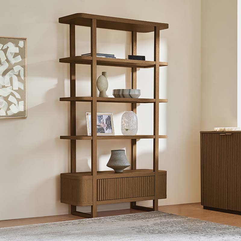 Bibliothèque à étagères ouvertes avec porte d'armoire à lattes et finition grain de bois naturel | Naturel / Chêne | Simple