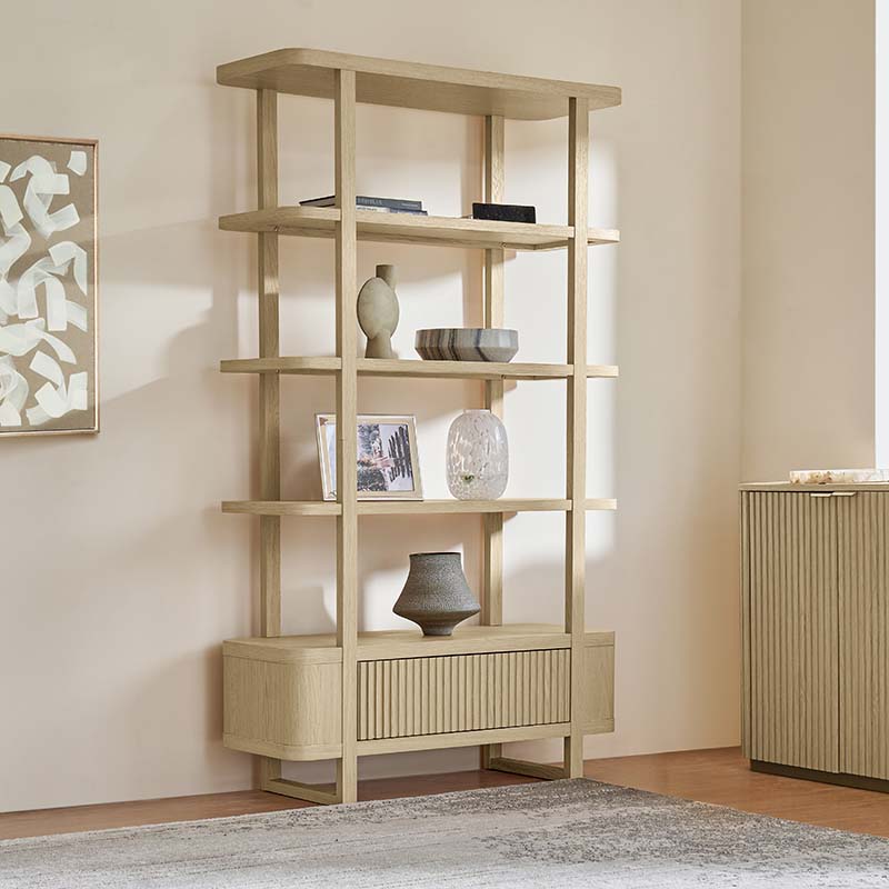 Bibliothèque à étagères ouvertes avec porte d'armoire à lattes et finition grain de bois naturel | Naturel / Chêne | Simple