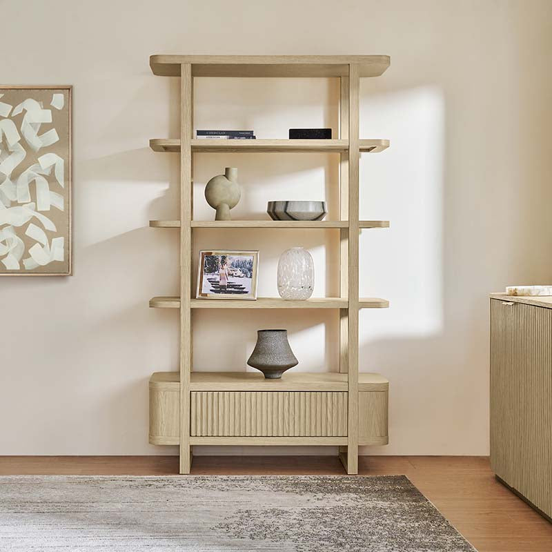 Bibliothèque à étagères ouvertes avec porte d'armoire à lattes et finition grain de bois naturel | Naturel / Chêne | Simple