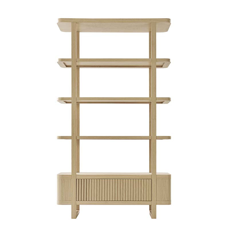 Bibliothèque à étagères ouvertes avec porte d'armoire à lattes et finition grain de bois naturel | Naturel / Chêne | Simple
