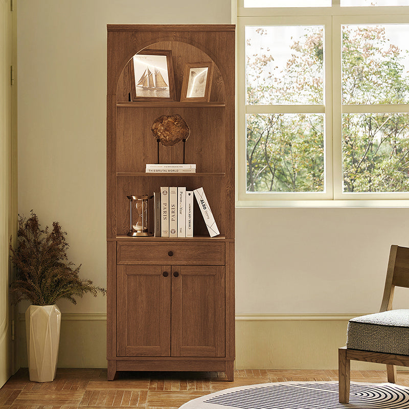 Bibliothèque arquée avec étagères ouvertes, tiroir à glissière douce, meuble à 2 portes et bande LED intégrée | Noyer / Bois flotté | Simple