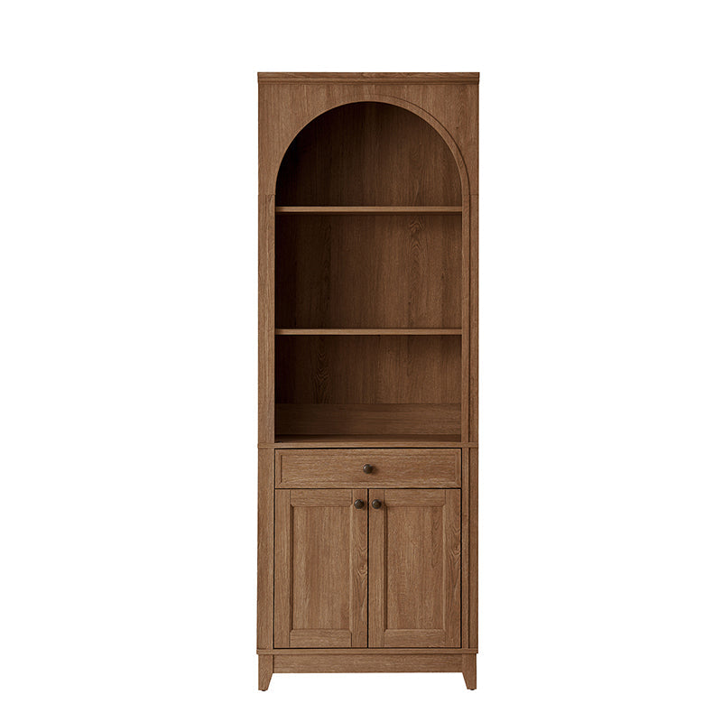 Bibliothèque arquée avec étagères ouvertes, tiroir à glissière douce, meuble à 2 portes et bande LED intégrée | Noyer / Bois flotté | Simple