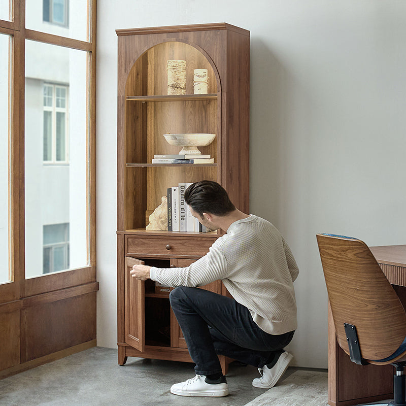 Bibliothèque arquée avec étagères ouvertes, tiroir à glissière douce, meuble à 2 portes et bande LED intégrée | Noyer / Bois flotté | Simple