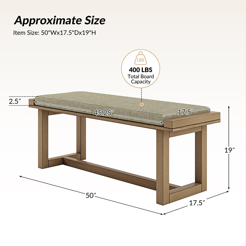 Banc de salle à manger en bois d'hévéa massif avec assise rembourrée et design épuré | Naturel | Individuel