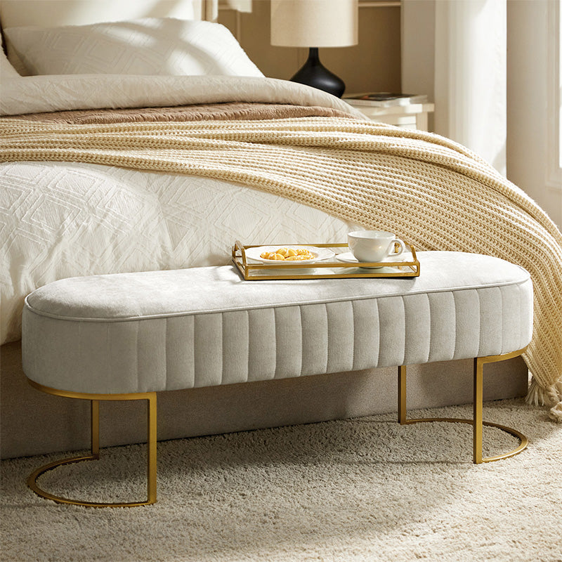 Banc de rangement capitonné en velours avec rembourrage en mousse et pieds en métal doré | Ivoire / Gris / Beige | Simple