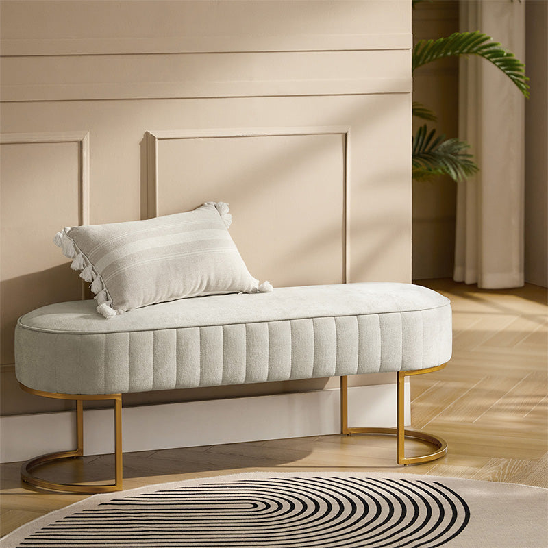 Banc de rangement capitonné en velours avec rembourrage en mousse et pieds en métal doré | Ivoire / Gris / Beige | Simple