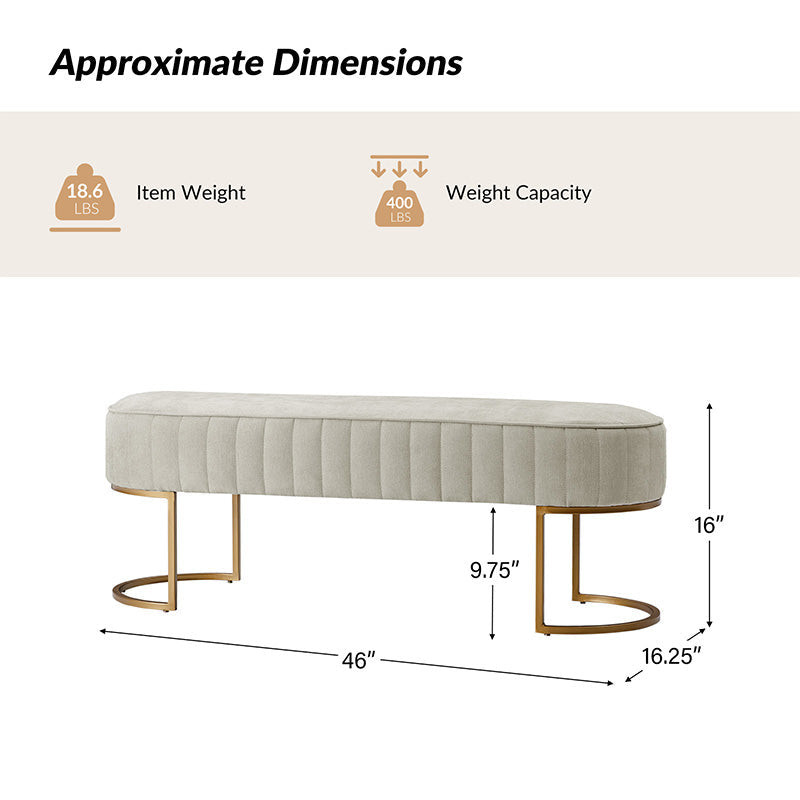 Banc de rangement capitonné en velours avec rembourrage en mousse et pieds en métal doré | Ivoire / Gris / Beige | Simple