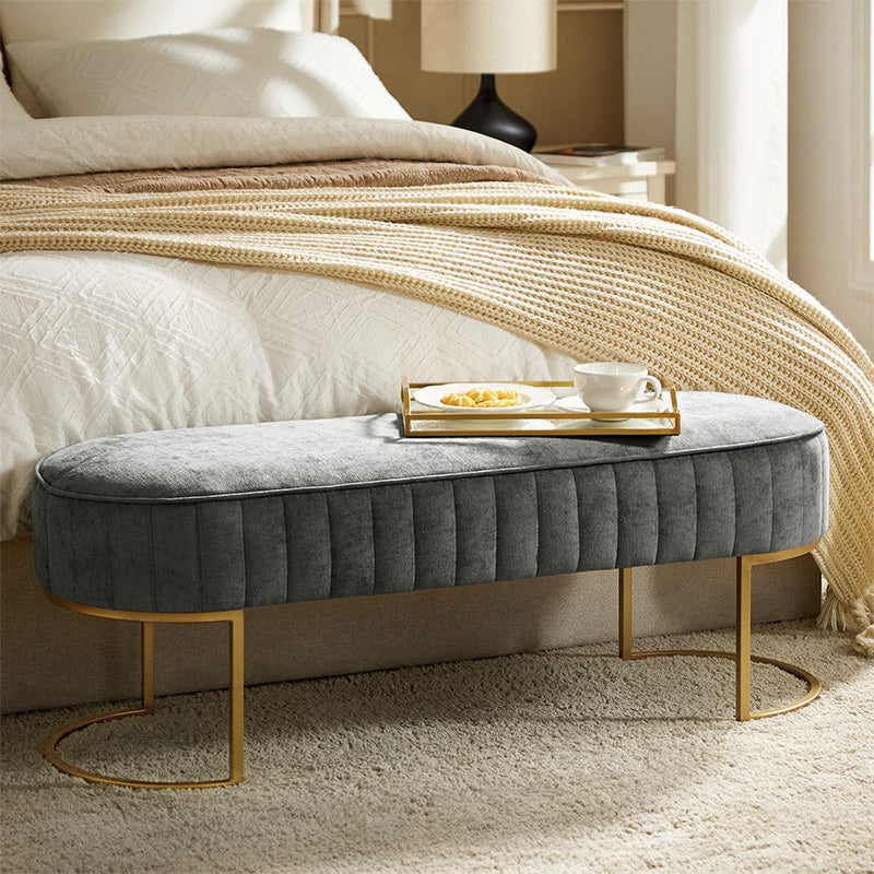 Banc de rangement capitonné en velours avec rembourrage en mousse et pieds en métal doré | Ivoire / Gris / Beige | Simple