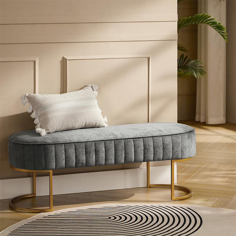 Banc de rangement capitonné en velours avec rembourrage en mousse et pieds en métal doré | Ivoire / Gris / Beige | Simple
