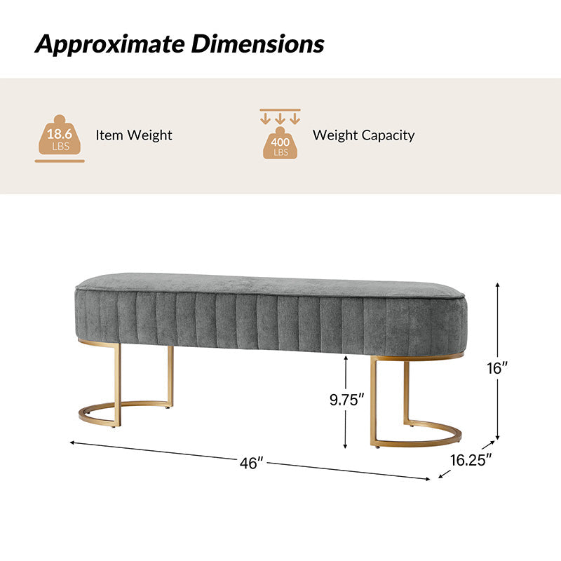 Banc de rangement capitonné en velours avec rembourrage en mousse et pieds en métal doré | Ivoire / Gris / Beige | Simple