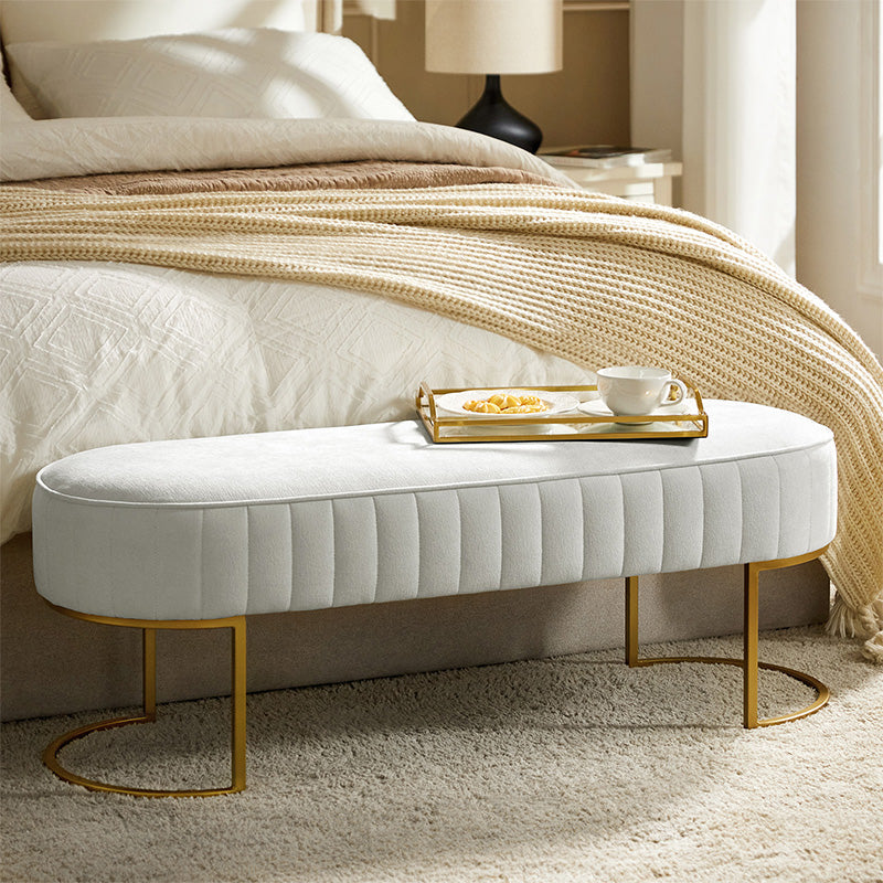 Banc de rangement capitonné en velours avec rembourrage en mousse et pieds en métal doré | Ivoire / Gris / Beige | Simple