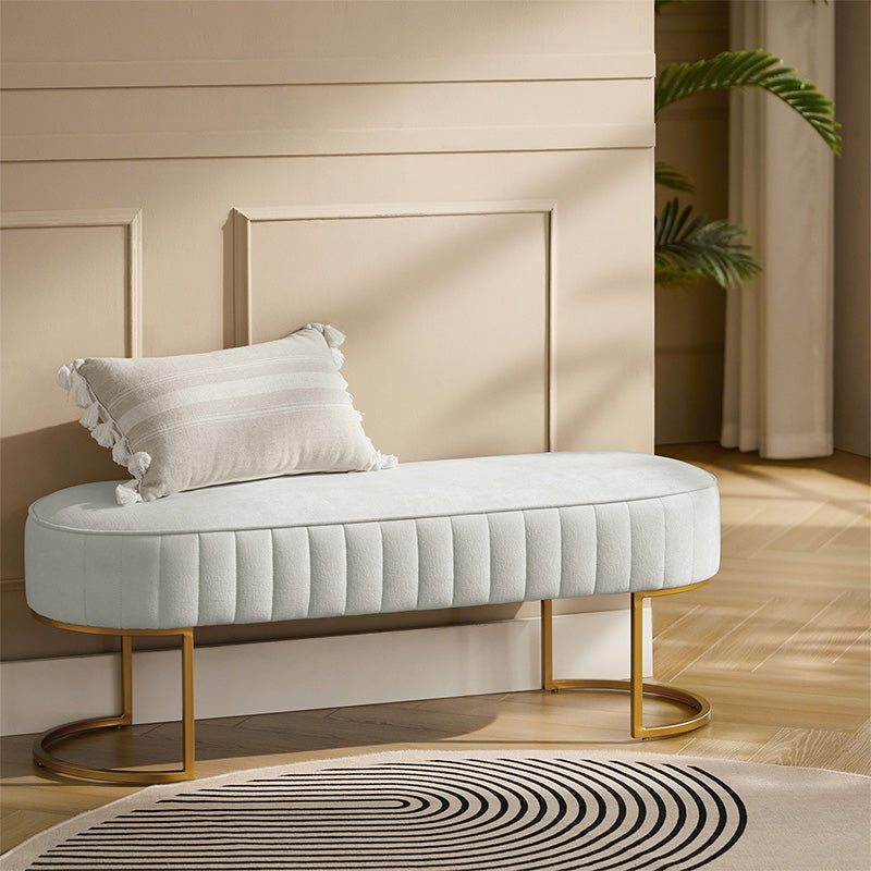 Banc de rangement capitonné en velours avec rembourrage en mousse et pieds en métal doré | Ivoire / Gris / Beige | Simple