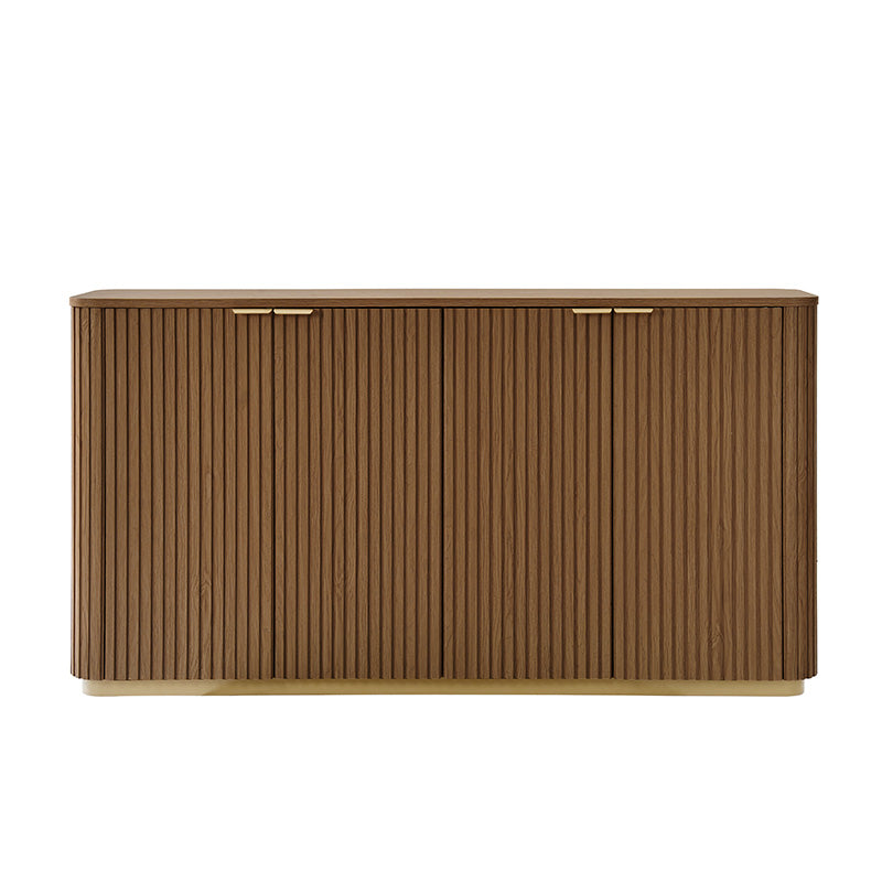 Meuble incurvé à 4 portes avec texture à rayures verticales, 3 tiroirs, étagères réglables et base en métal | Naturel / Chêne clair | Simple