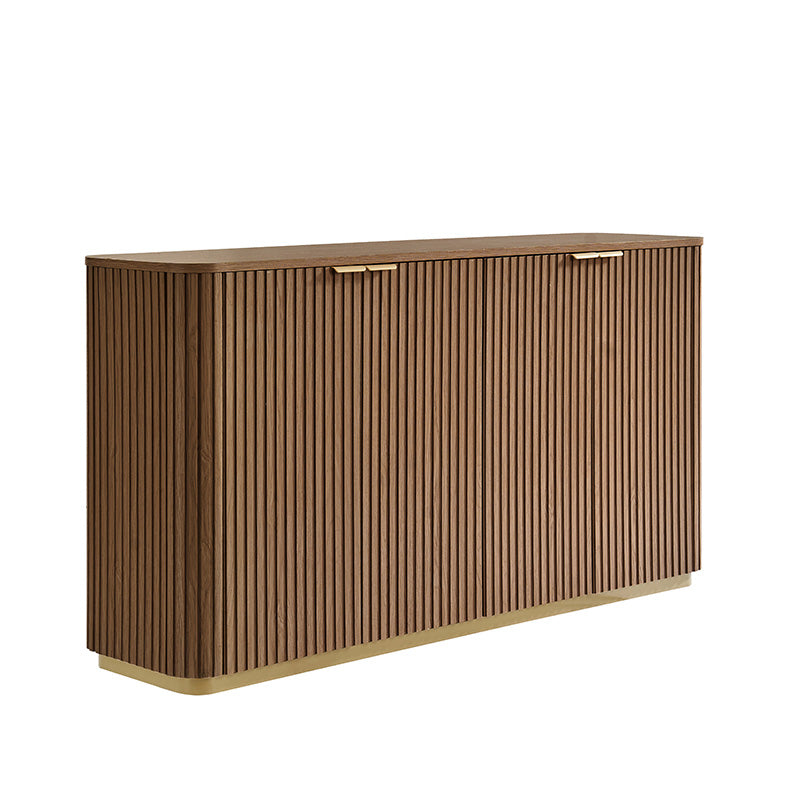 Meuble incurvé à 4 portes avec texture à rayures verticales, 3 tiroirs, étagères réglables et base en métal | Naturel / Chêne clair | Simple