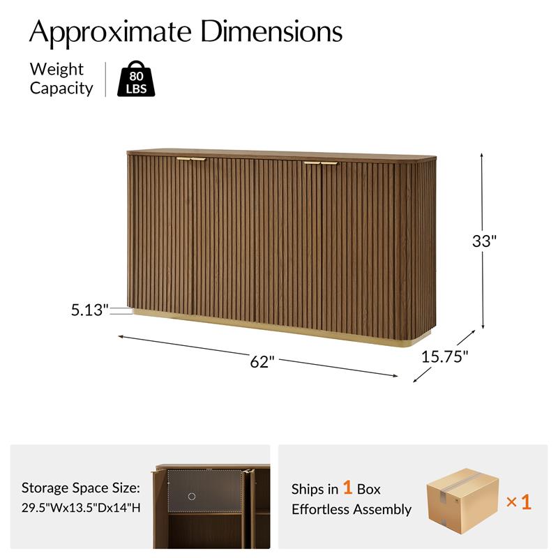 Meuble incurvé à 4 portes avec texture à rayures verticales, 3 tiroirs, étagères réglables et base en métal | Naturel / Chêne clair | Simple
