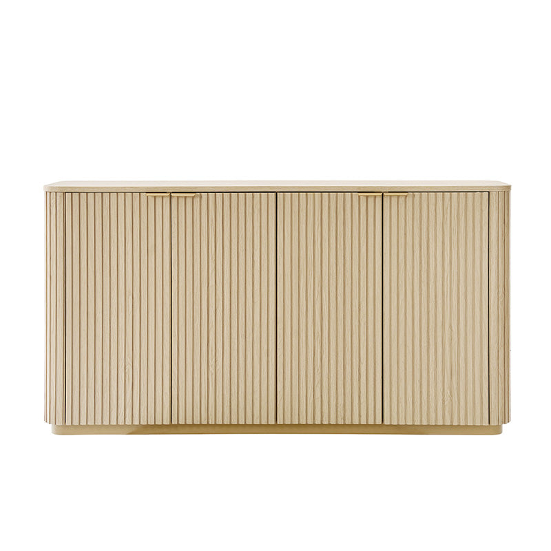 Meuble incurvé à 4 portes avec texture à rayures verticales, 3 tiroirs, étagères réglables et base en métal | Naturel / Chêne clair | Simple