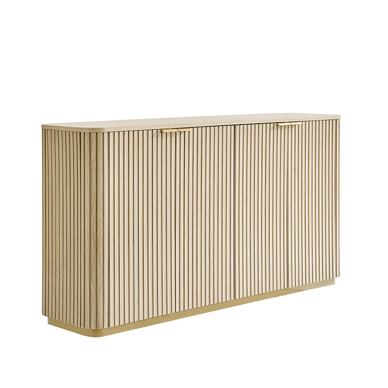 Meuble incurvé à 4 portes avec texture à rayures verticales, 3 tiroirs, étagères réglables et base en métal | Naturel / Chêne clair | Simple