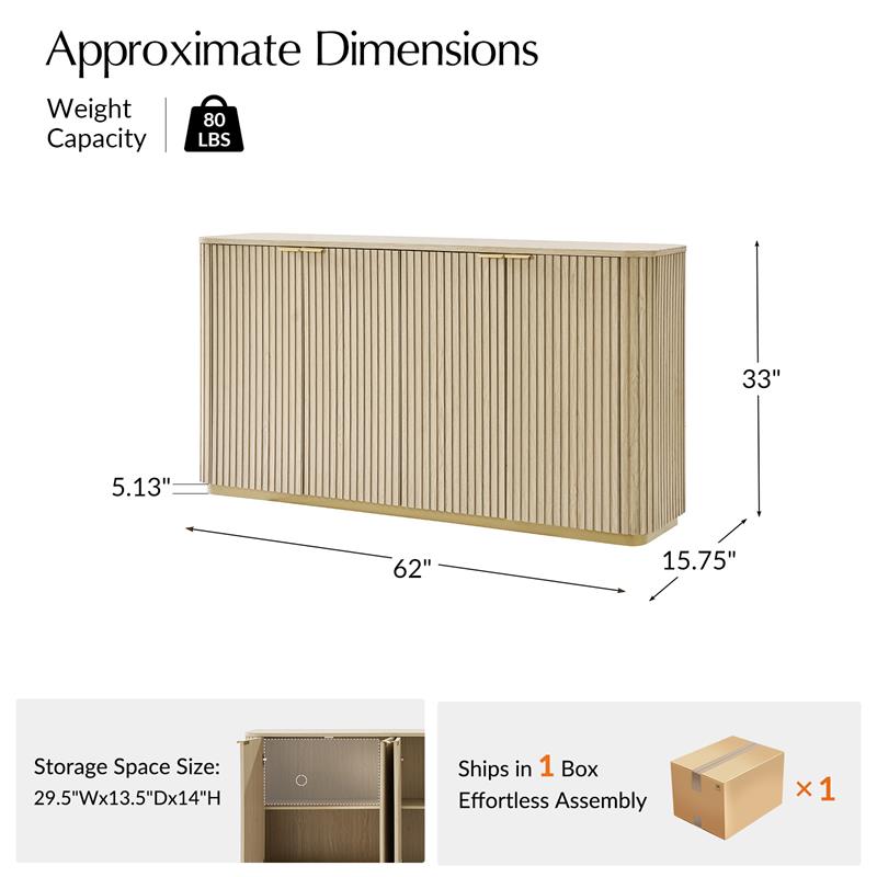 Meuble incurvé à 4 portes avec texture à rayures verticales, 3 tiroirs, étagères réglables et base en métal | Naturel / Chêne clair | Simple