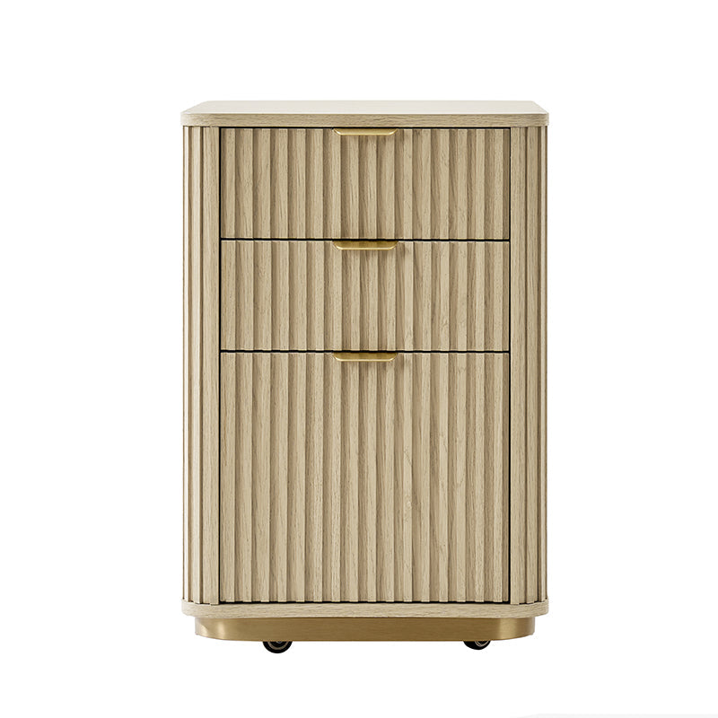 Cabinet à 3 tiroirs cannelés avec bords arrondis, poignées métalliques, base métallique mince et roulettes | Naturel | Simple