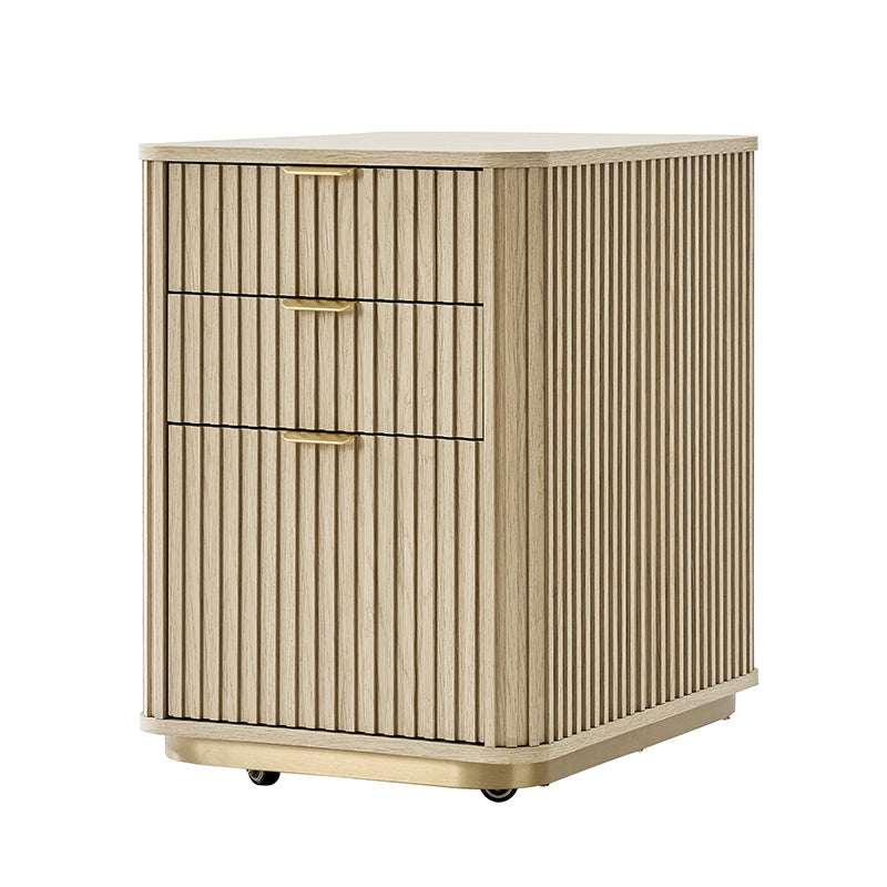 Cabinet à 3 tiroirs cannelés avec bords arrondis, poignées métalliques, base métallique mince et roulettes | Naturel | Simple