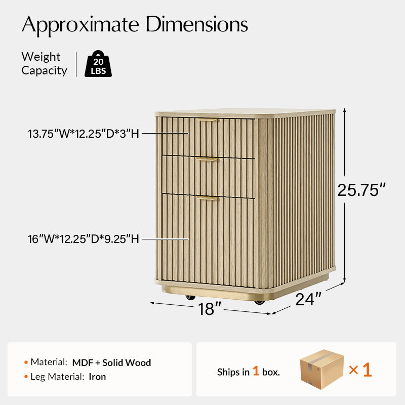 Cabinet à 3 tiroirs cannelés avec bords arrondis, poignées métalliques, base métallique mince et roulettes | Naturel | Simple