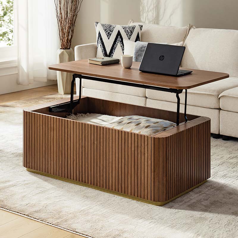 Table basse relevable avec compartiment caché, 2 tiroirs latéraux et design à lattes | Chêne / Naturel | Simple