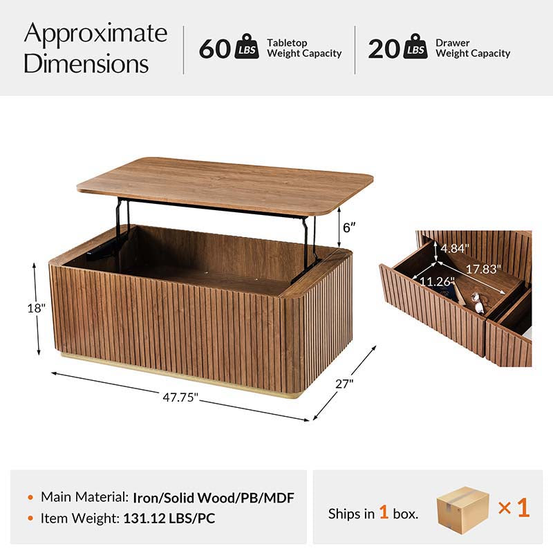Table basse relevable avec compartiment caché, 2 tiroirs latéraux et design à lattes | Chêne / Naturel | Simple