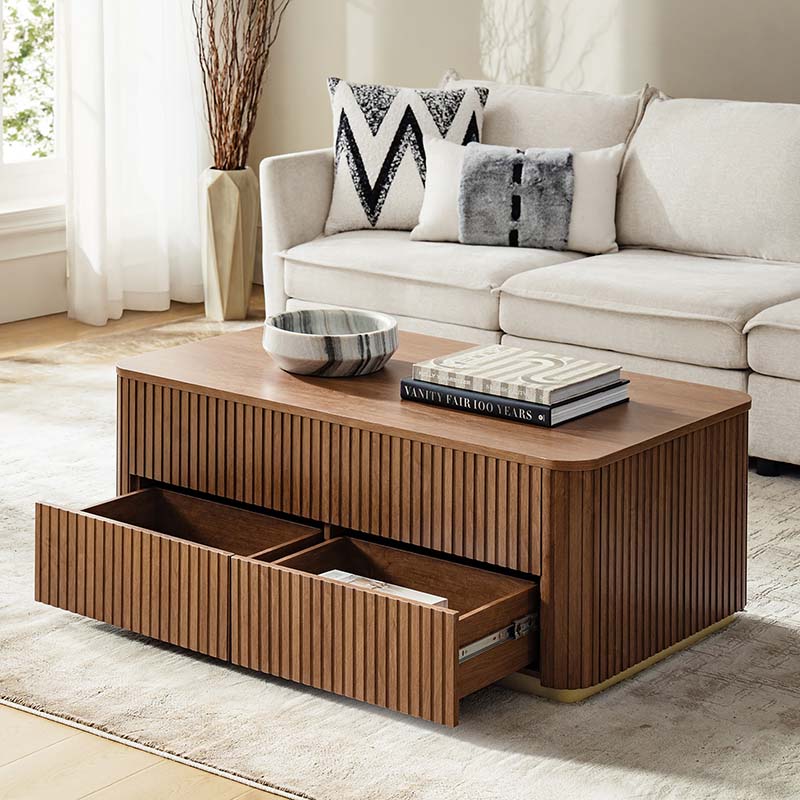 Table basse relevable avec compartiment caché, 2 tiroirs latéraux et design à lattes | Chêne / Naturel | Simple
