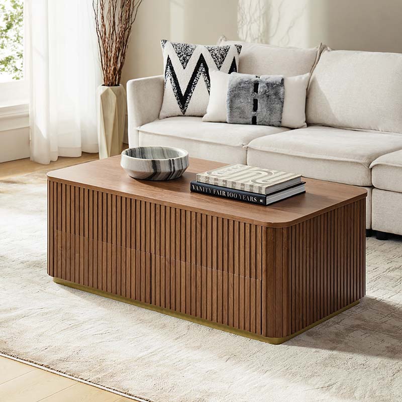 Table basse relevable avec compartiment caché, 2 tiroirs latéraux et design à lattes | Chêne / Naturel | Simple