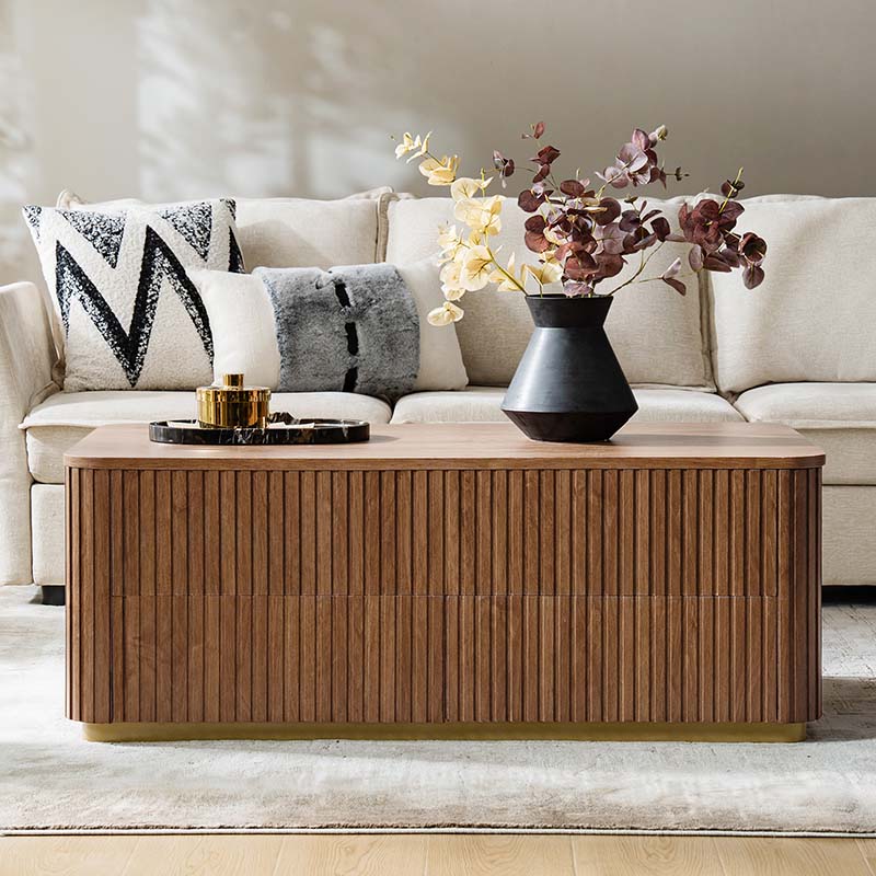 Table basse relevable avec compartiment caché, 2 tiroirs latéraux et design à lattes | Chêne / Naturel | Simple