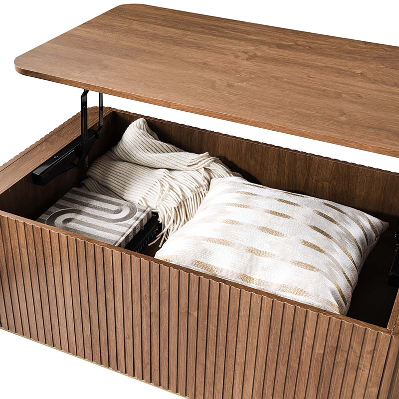 Table basse relevable avec compartiment caché, 2 tiroirs latéraux et design à lattes | Chêne / Naturel | Simple