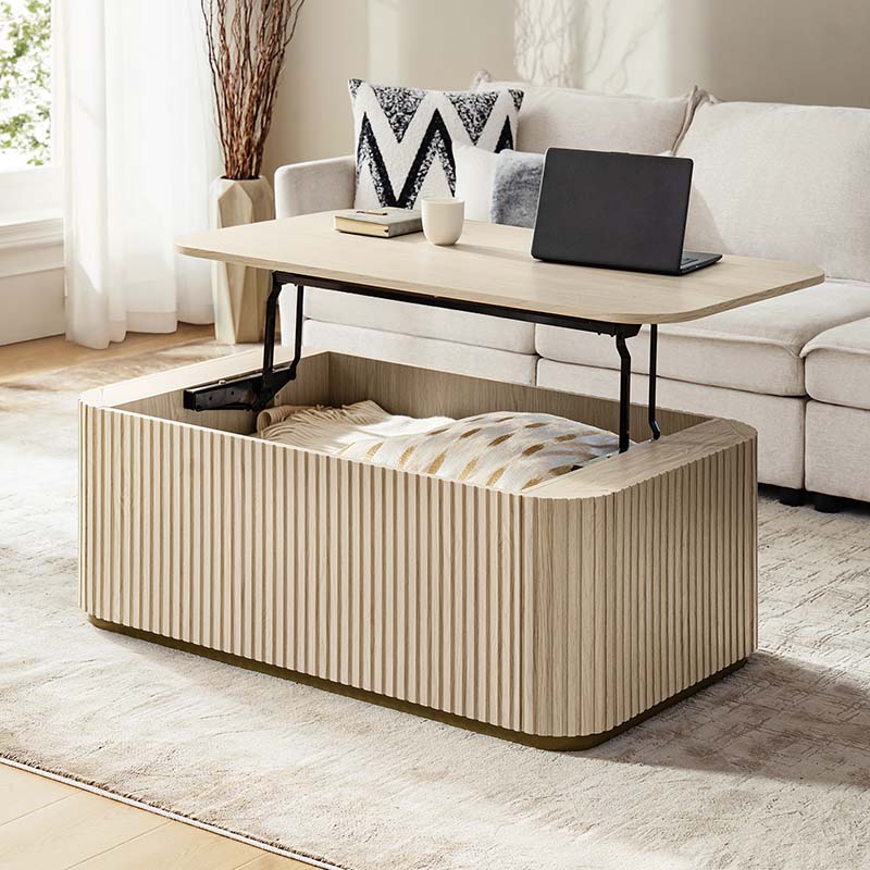 Table basse relevable avec compartiment caché, 2 tiroirs latéraux et design à lattes | Chêne / Naturel | Simple
