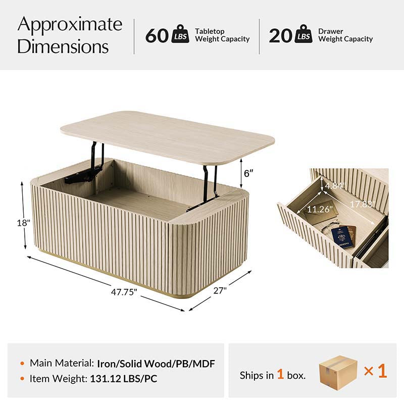 Table basse relevable avec compartiment caché, 2 tiroirs latéraux et design à lattes | Chêne / Naturel | Simple