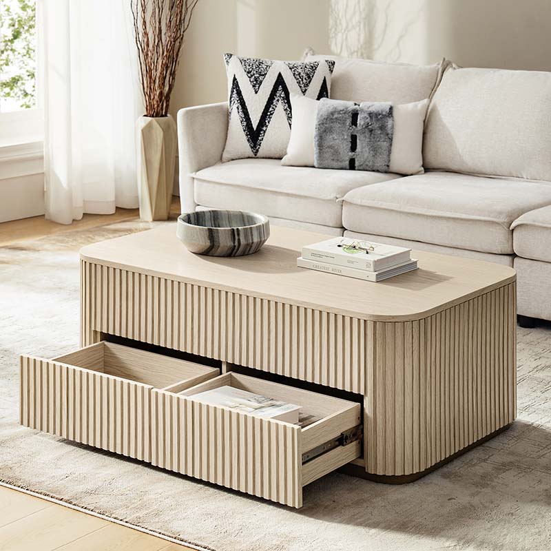 Table basse relevable avec compartiment caché, 2 tiroirs latéraux et design à lattes | Chêne / Naturel | Simple