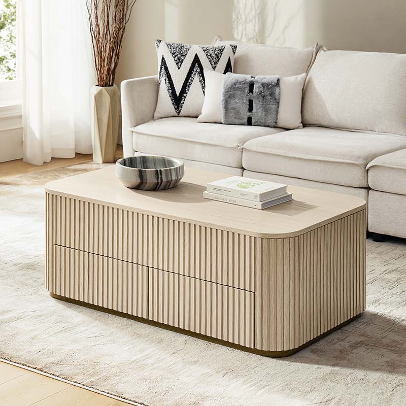 Table basse relevable avec compartiment caché, 2 tiroirs latéraux et design à lattes | Chêne / Naturel | Simple