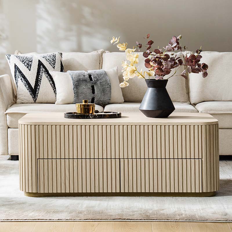Table basse relevable avec compartiment caché, 2 tiroirs latéraux et design à lattes | Chêne / Naturel | Simple