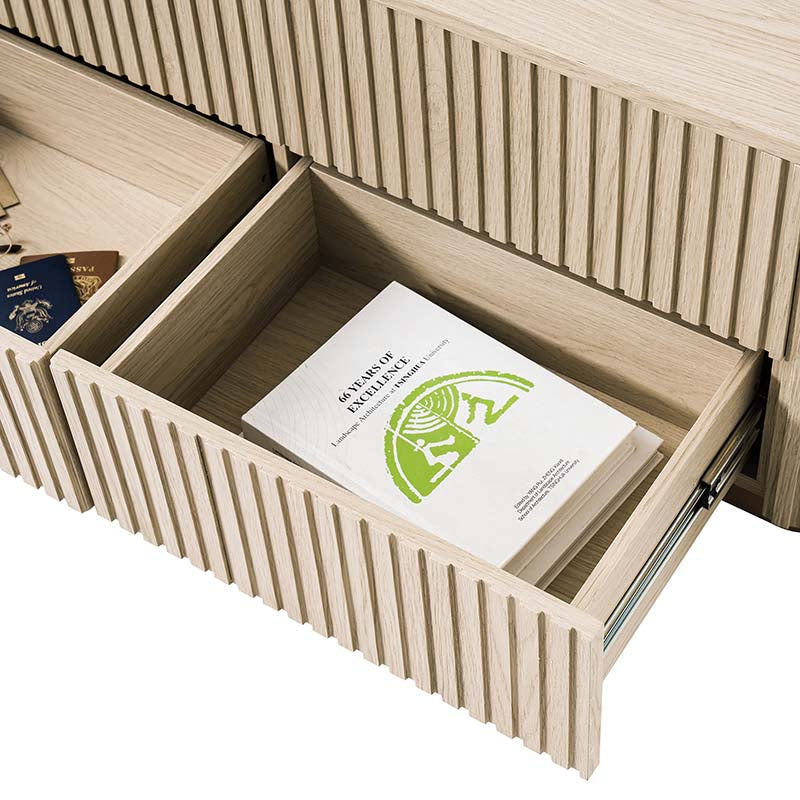 Table basse relevable avec compartiment caché, 2 tiroirs latéraux et design à lattes | Chêne / Naturel | Simple