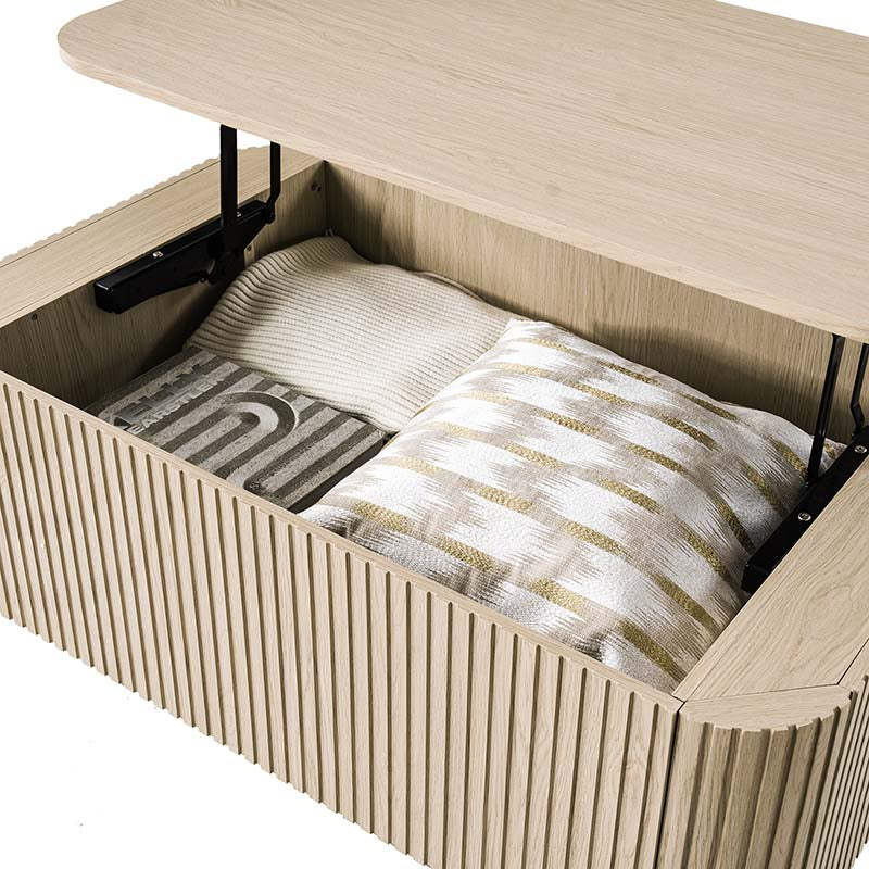 Table basse relevable avec compartiment caché, 2 tiroirs latéraux et design à lattes | Chêne / Naturel | Simple