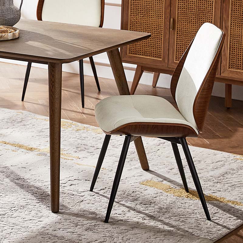 Chaise de salle à manger rembourrée avec dossier en bois massif, assise en mousse et pieds métalliques réglables | Mousse / Ivoire / Gris clair | Siège unique