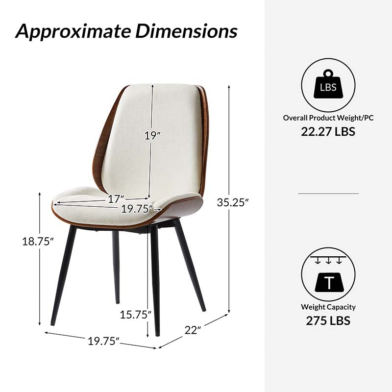 Chaise de salle à manger rembourrée avec dossier en bois massif, assise en mousse et pieds métalliques réglables | Mousse / Ivoire / Gris clair | Siège unique