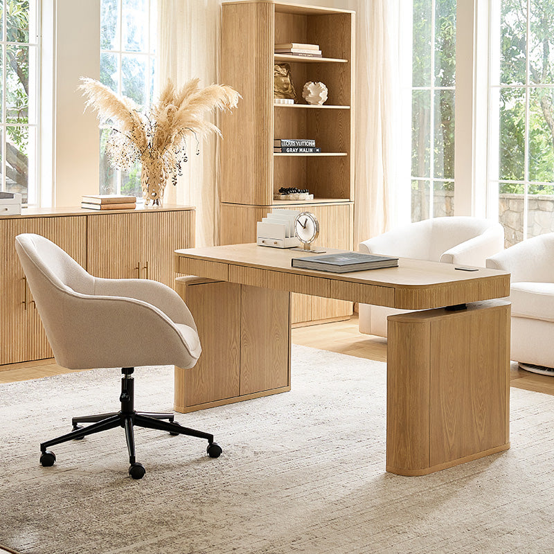 Bureau électrique réglable en hauteur avec 3 tiroirs, rangement latéral et gestion des câbles | Seadrift / Acorn / Naturel / Noyer / Chêne / Anthracite | Simple