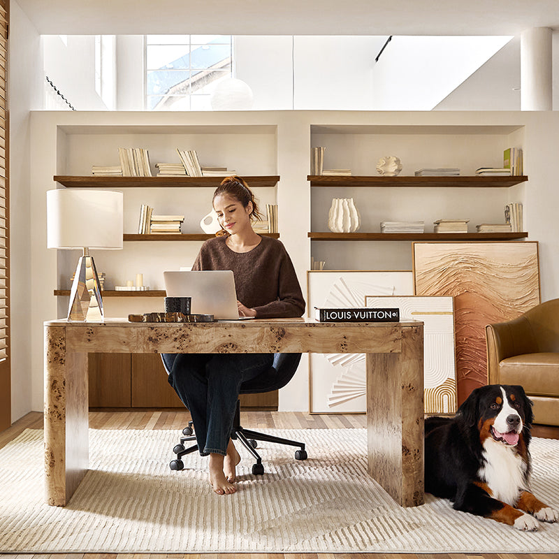 Bureau en ronce de peuplier avec tiroir et placage en caoutchouc | Naturel / Noyer | Simple