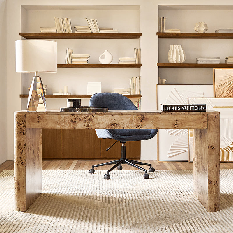 Bureau en ronce de peuplier avec tiroir et placage en caoutchouc | Naturel / Noyer | Simple